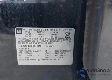 2015 Cadillac Srx Performance Collection from USA, damaged, VIN 3GYFNCE39FS611110